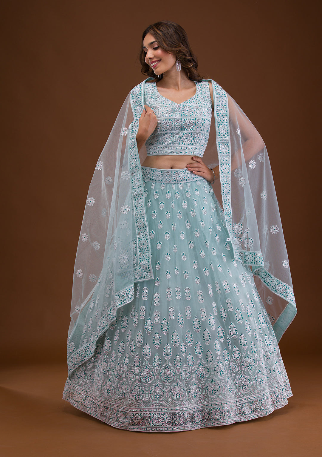 Sky Blue Print Net Readymade Lehenga