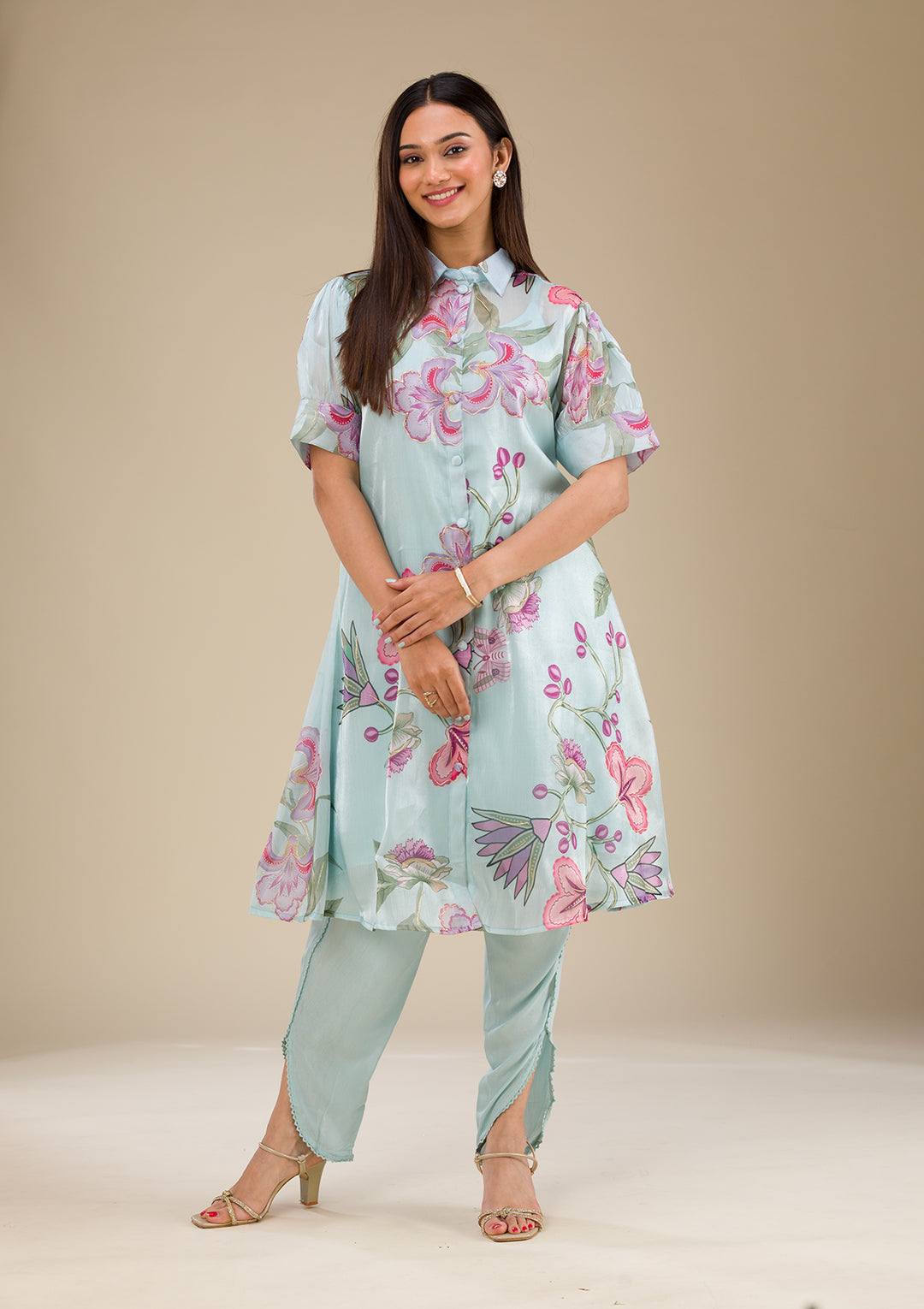 Sky Blue Printed Organza Readymade Salwar Suit