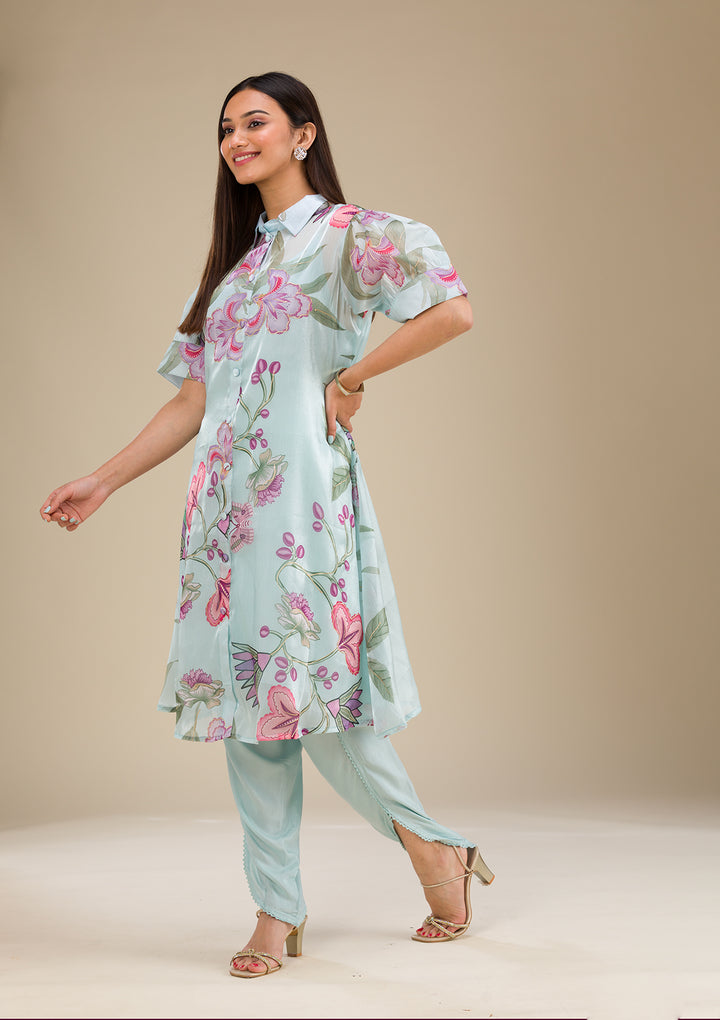 Sky Blue Printed Organza Readymade Salwar Suit