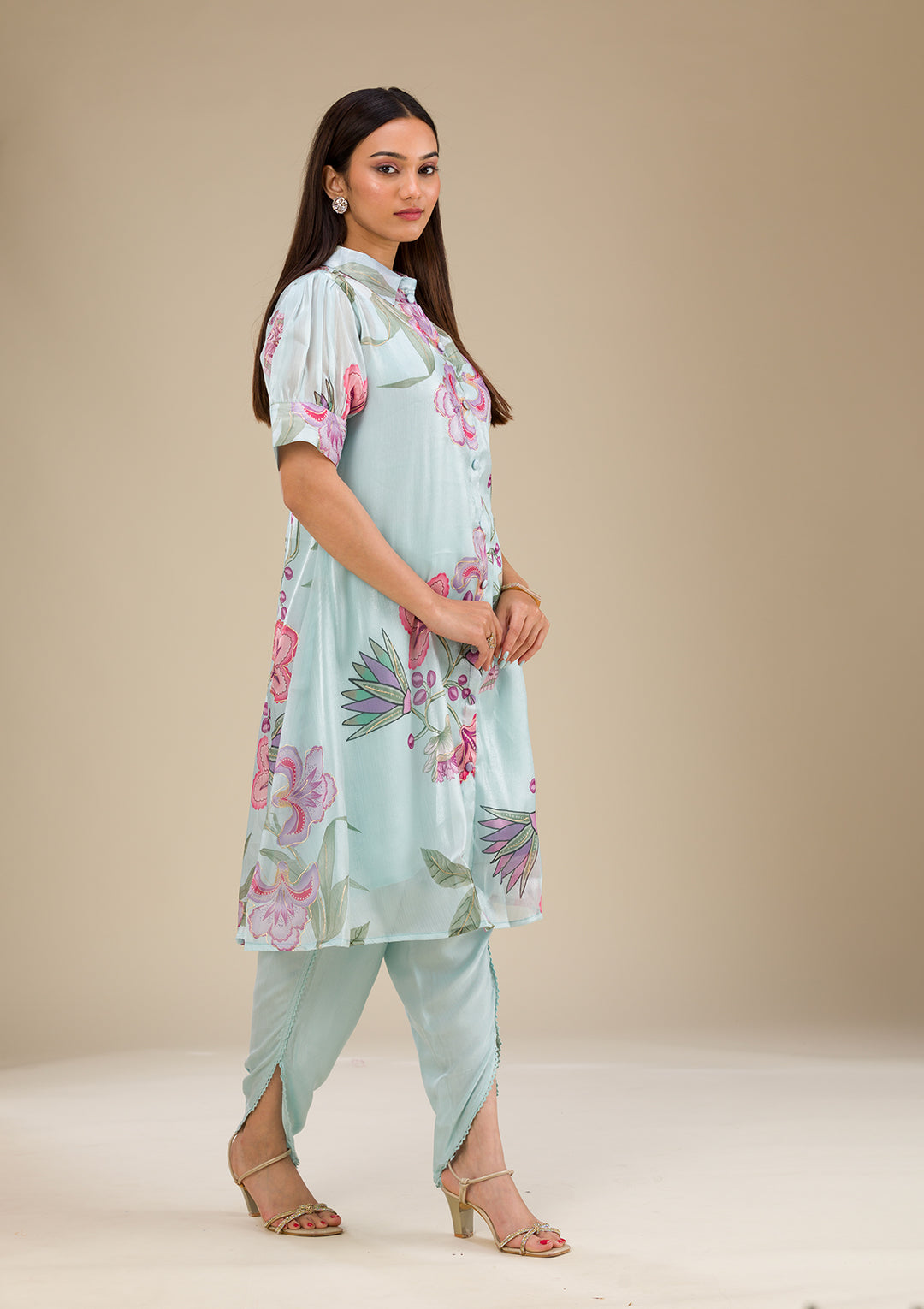 Sky Blue Printed Organza Readymade Salwar Suit