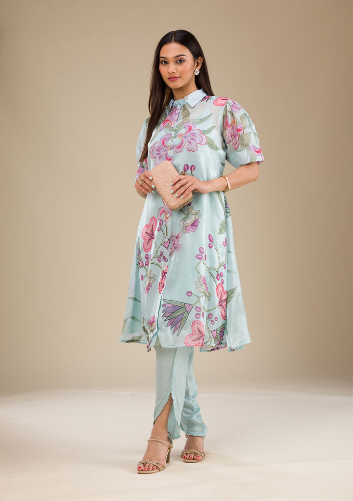 Sky Blue Printed Organza Readymade Salwar Suit