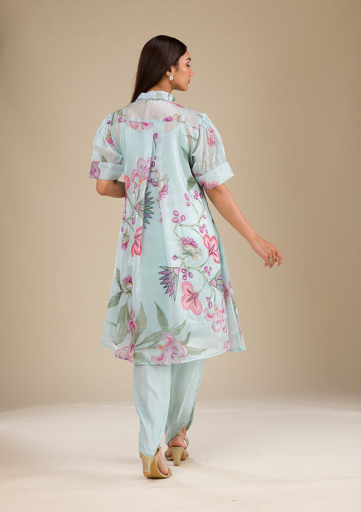 Sky Blue Printed Organza Readymade Salwar Suit