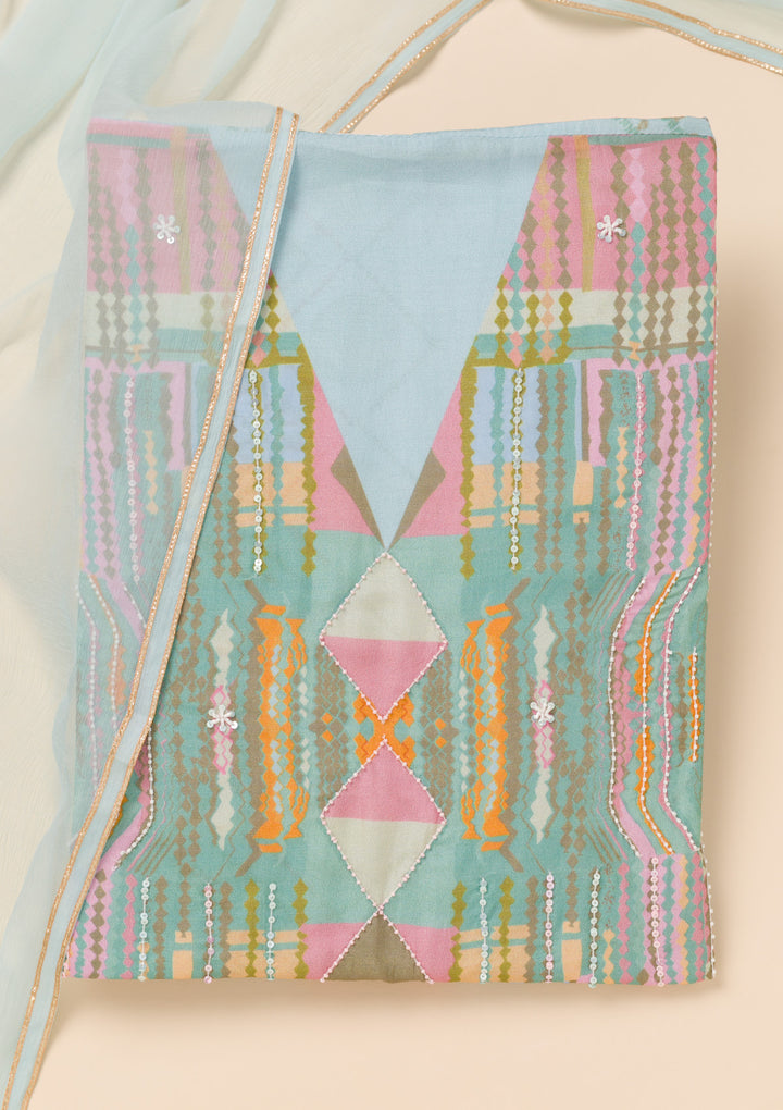 Sky Blue Printed Semi Crepe Unstitched Salwar Suit