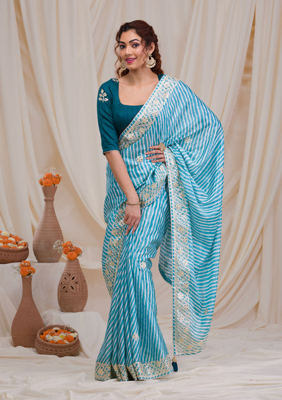 Sky Blue Printed Semi Crepe Saree-Koskii