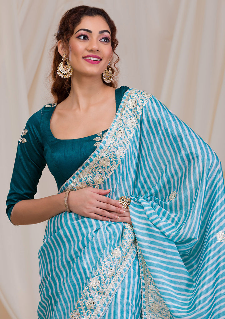 Sky Blue Printed Semi Crepe Saree