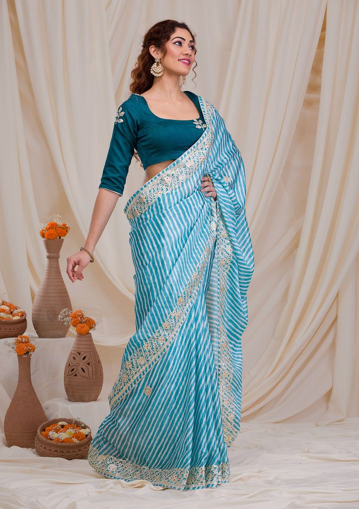 Sky Blue Printed Semi Crepe Saree