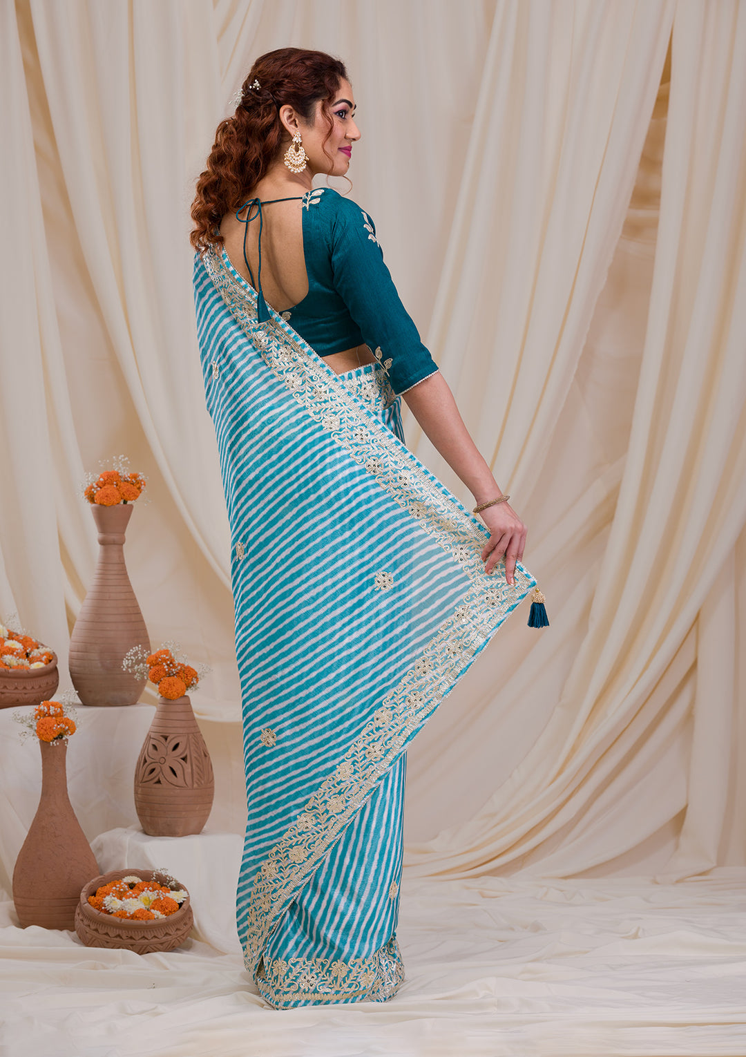 Sky Blue Printed Semi Crepe Saree