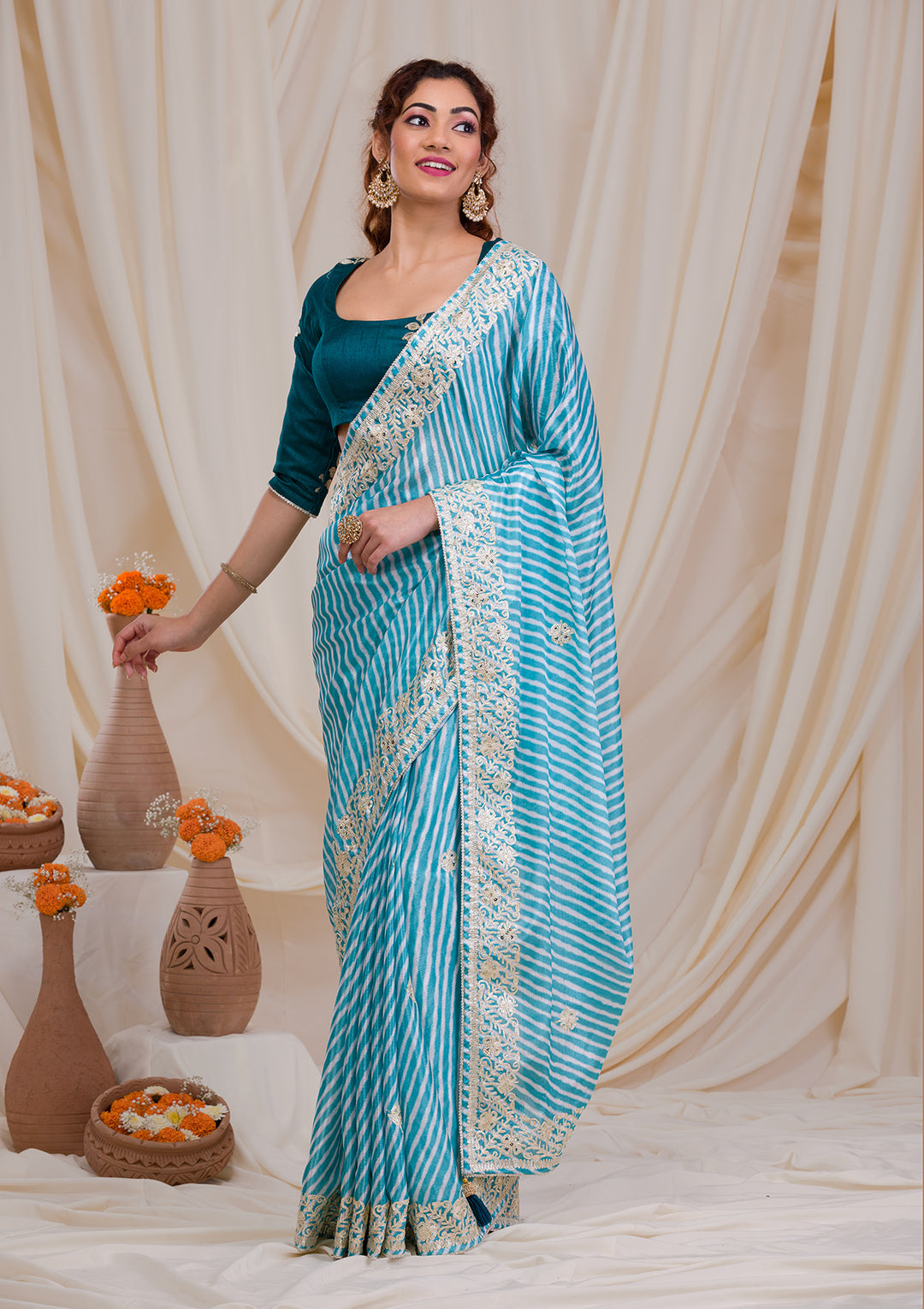 Sky Blue Printed Semi Crepe Saree