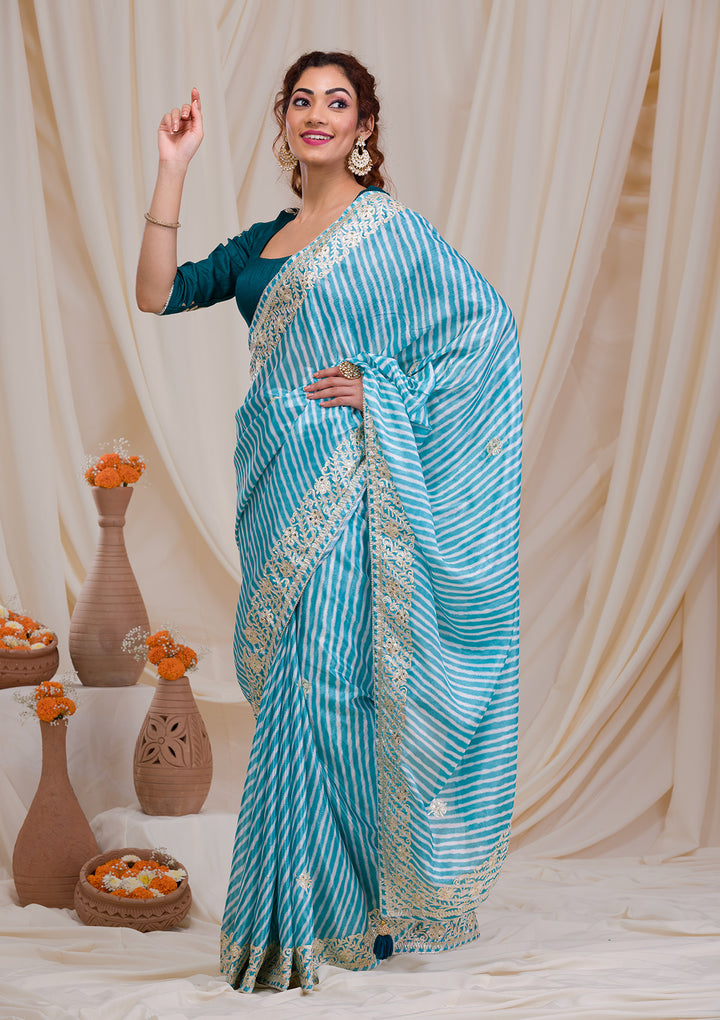 Sky Blue Printed Semi Crepe Saree