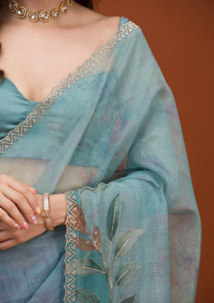Sky Blue Printed Tissue Saree