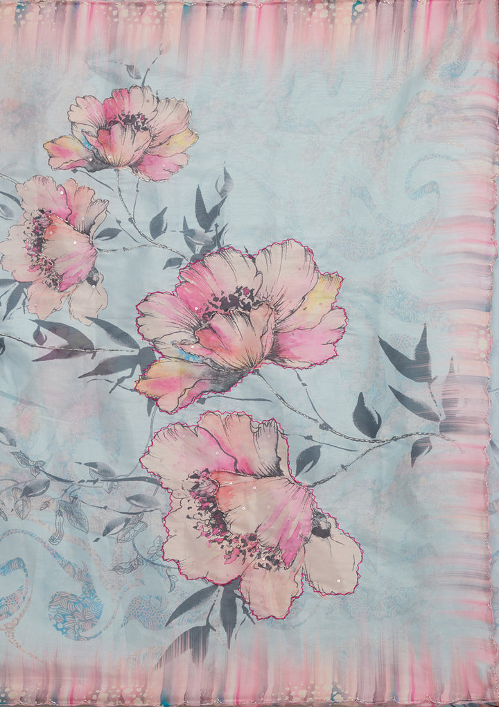 Sky Blue Printed Tissue Saree