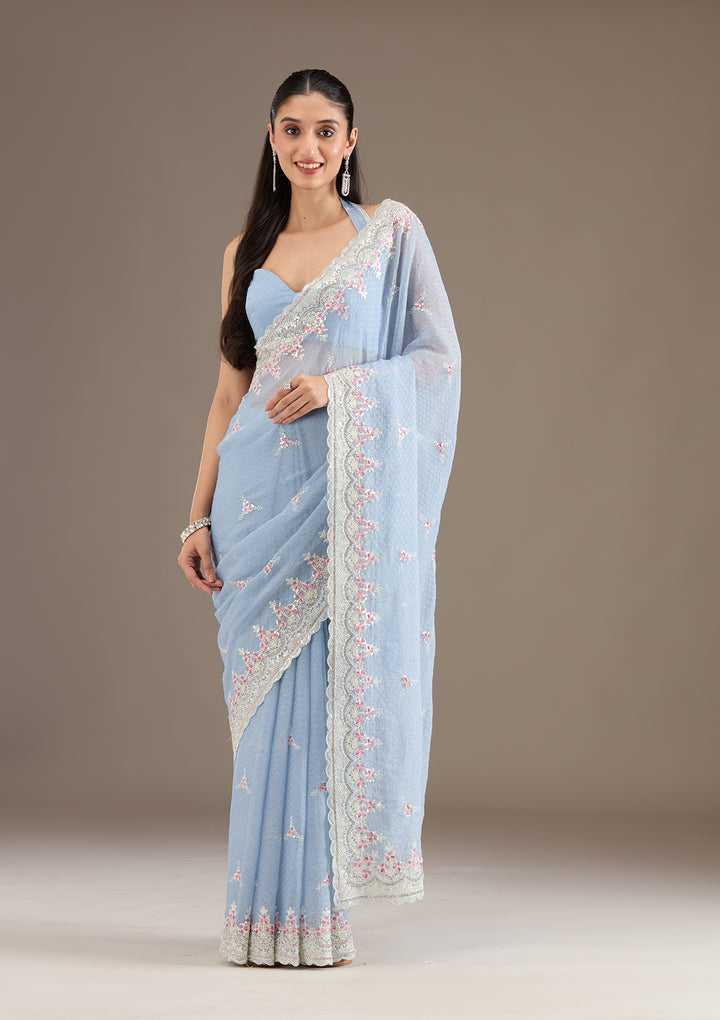 Sky Blue Sequins Chiffon Saree