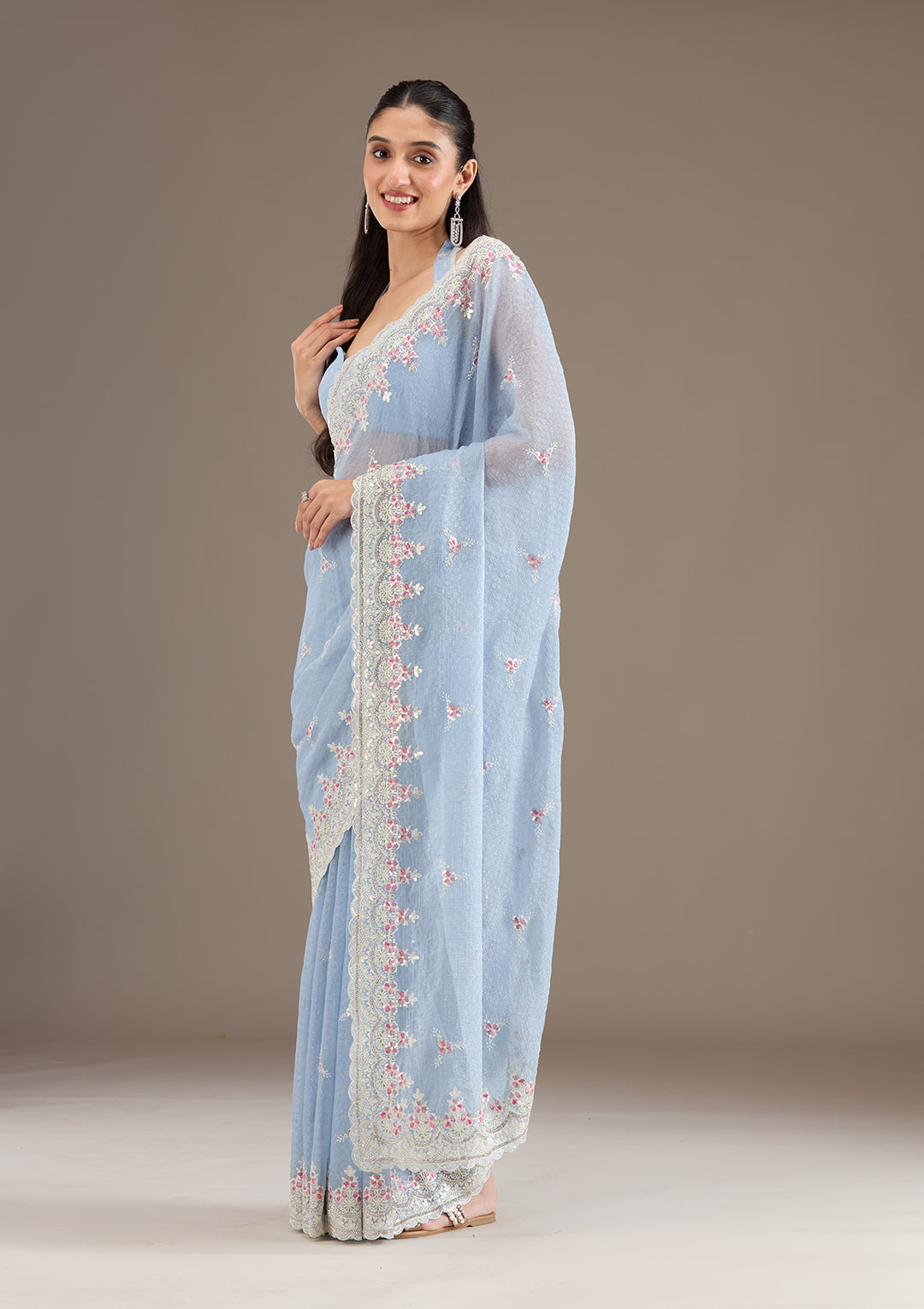 Sky Blue Sequins Chiffon Saree
