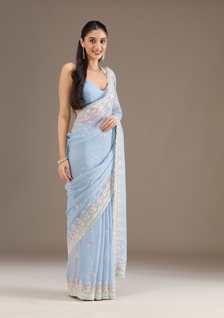 Sky Blue Sequins Chiffon Saree