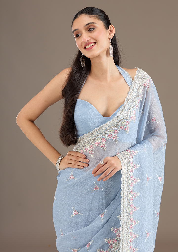 Sky Blue Sequins Chiffon Saree