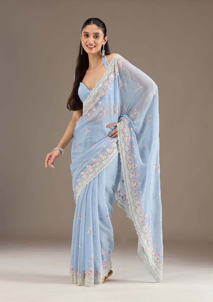 Sky Blue Sequins Chiffon Saree