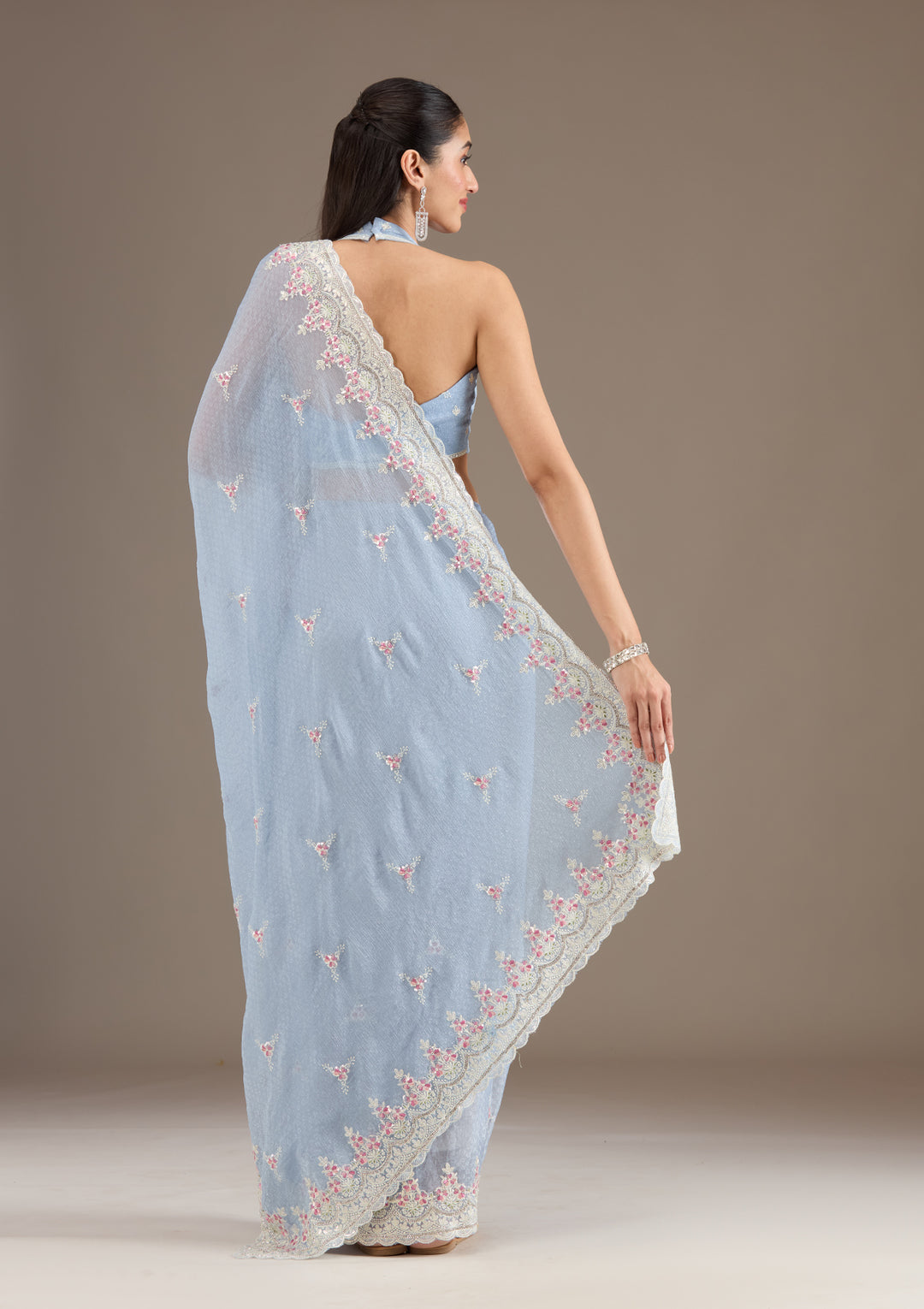 Sky Blue Sequins Chiffon Saree