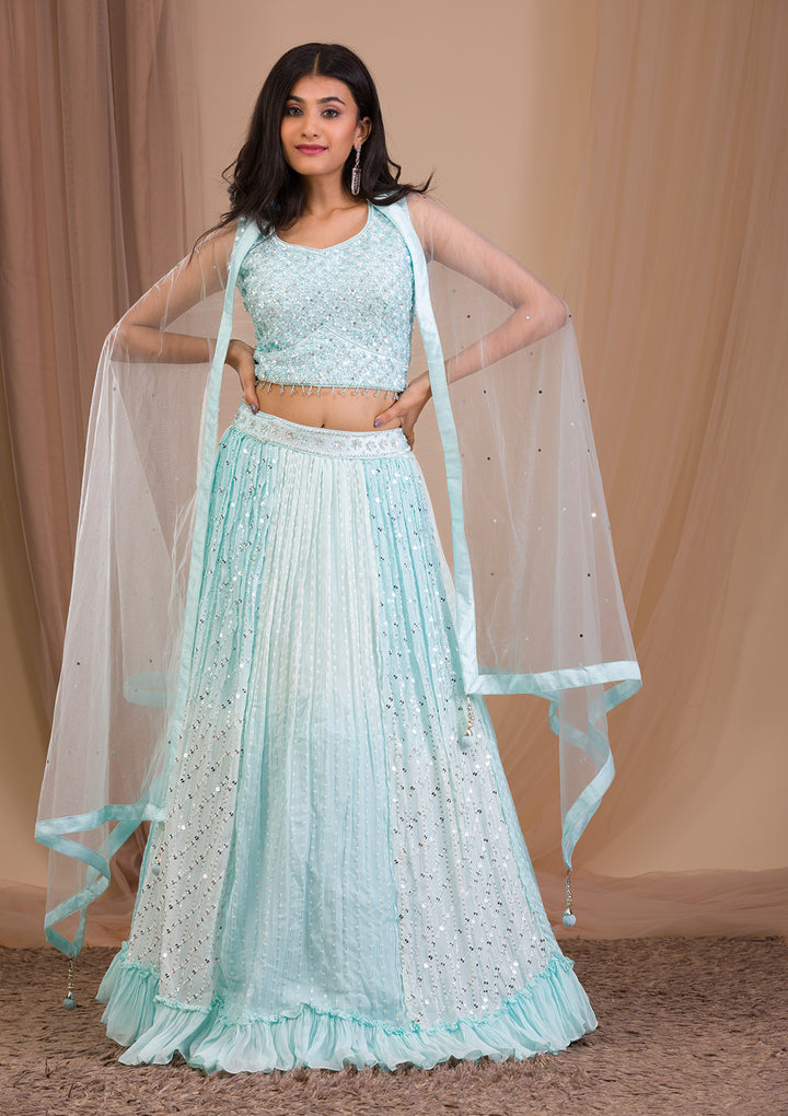 Sky Blue Sequins Georgette Readymade Lehenga-Koskii