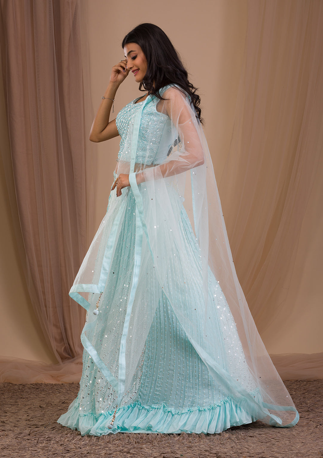 Sky Blue Sequins Georgette Readymade Lehenga