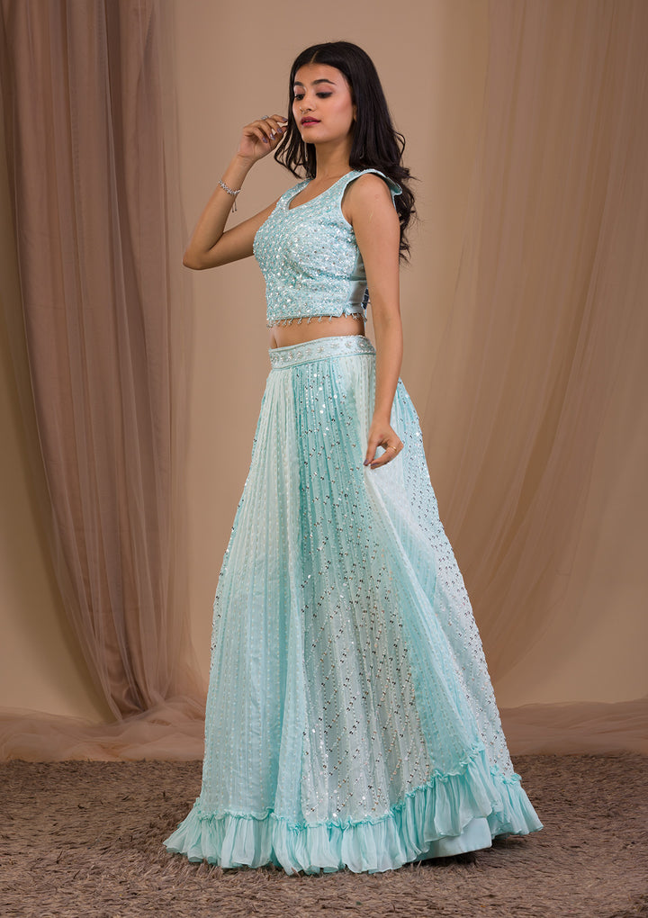 Sky Blue Sequins Georgette Readymade Lehenga-Koskii