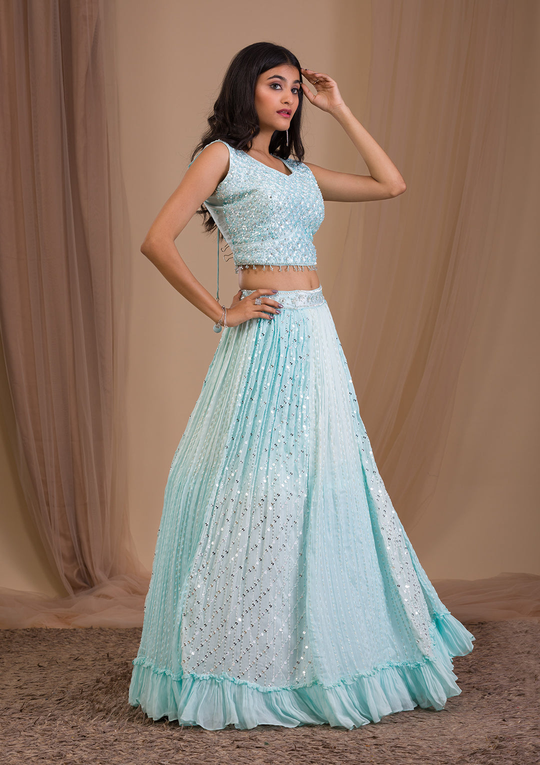 Sky Blue Sequins Georgette Readymade Lehenga-Koskii