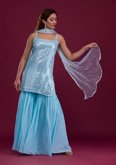 Sky Blue Sequins Georgette Readymade Sharara Suit-Koskii