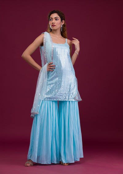 Sky Blue Sequins Georgette Readymade Sharara Suit