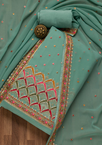 Sky Blue Sequins Georgette Unstitched Salwar Suit-Koskii