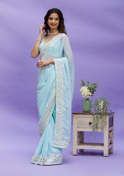 Sky Blue Sequins Georgette Designer Saree-Koskii