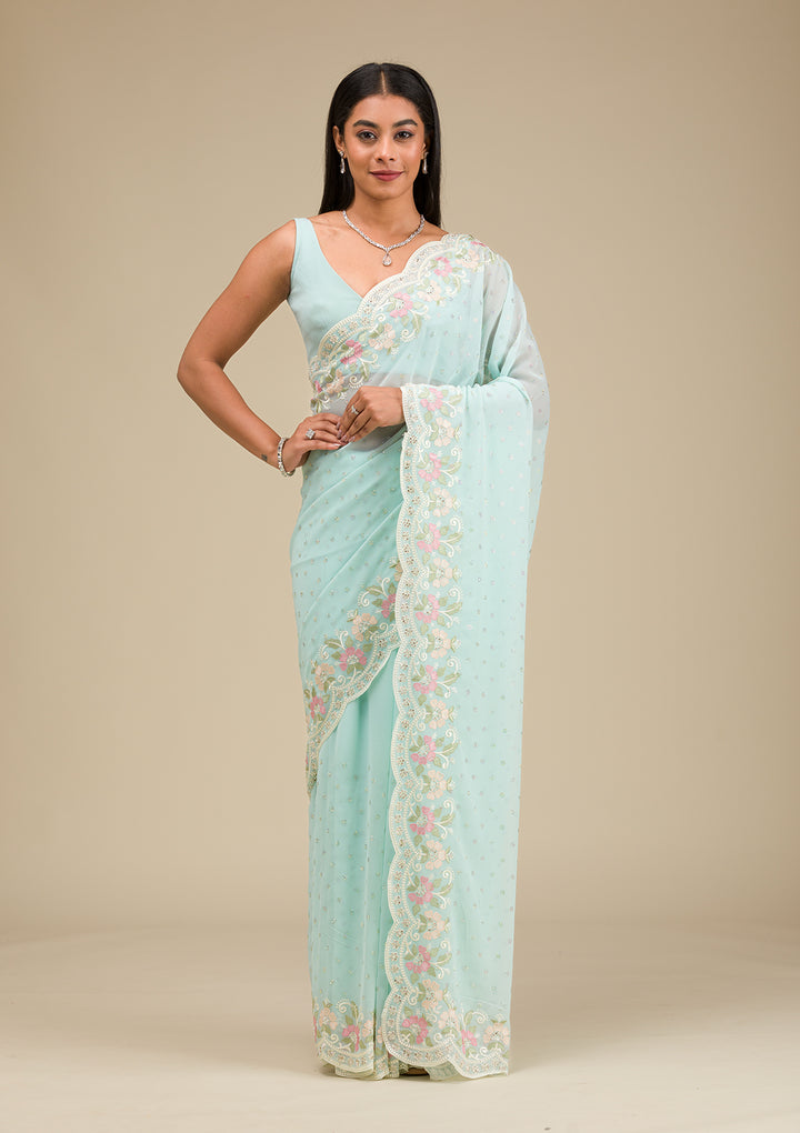 Sky Blue Sequins Georgette Saree