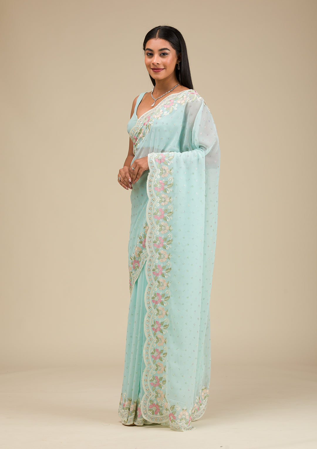 Sky Blue Sequins Georgette Saree