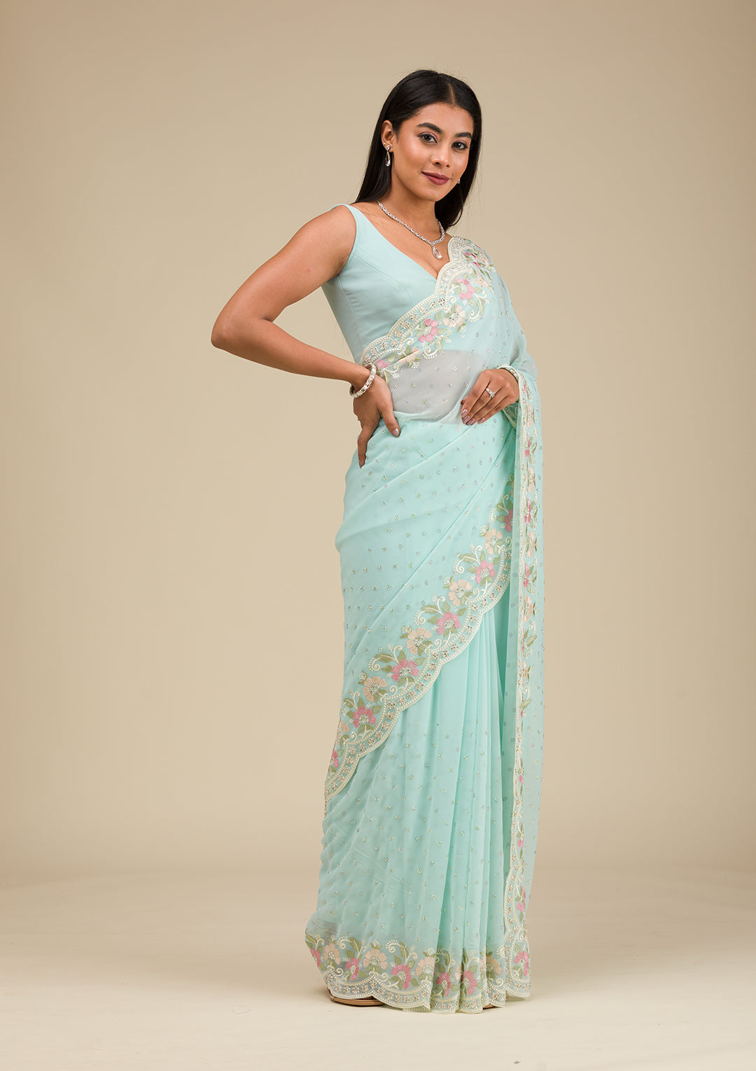 Sky Blue Sequins Georgette Saree