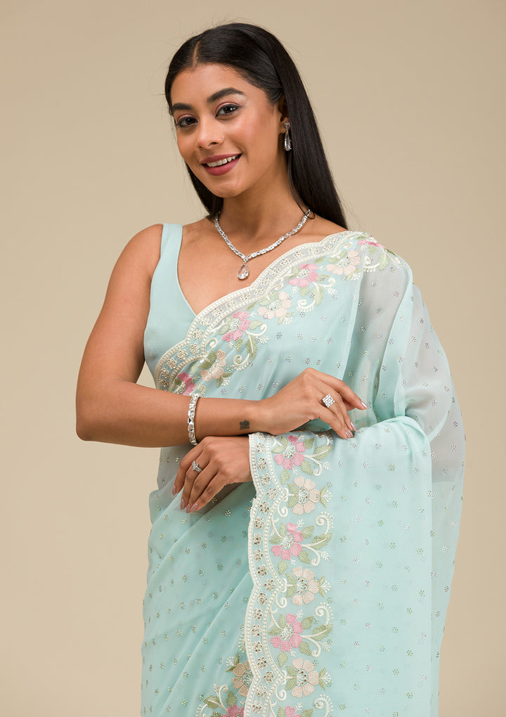 Sky Blue Sequins Georgette Saree