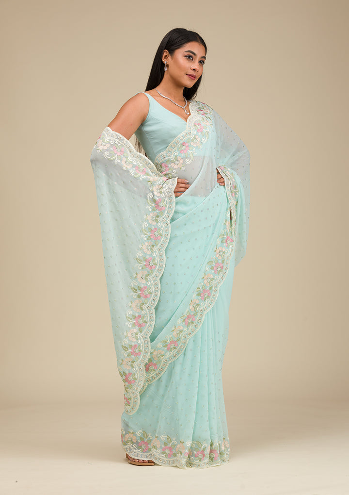 Sky Blue Sequins Georgette Saree