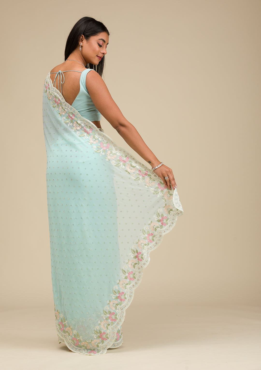 Sky Blue Sequins Georgette Saree