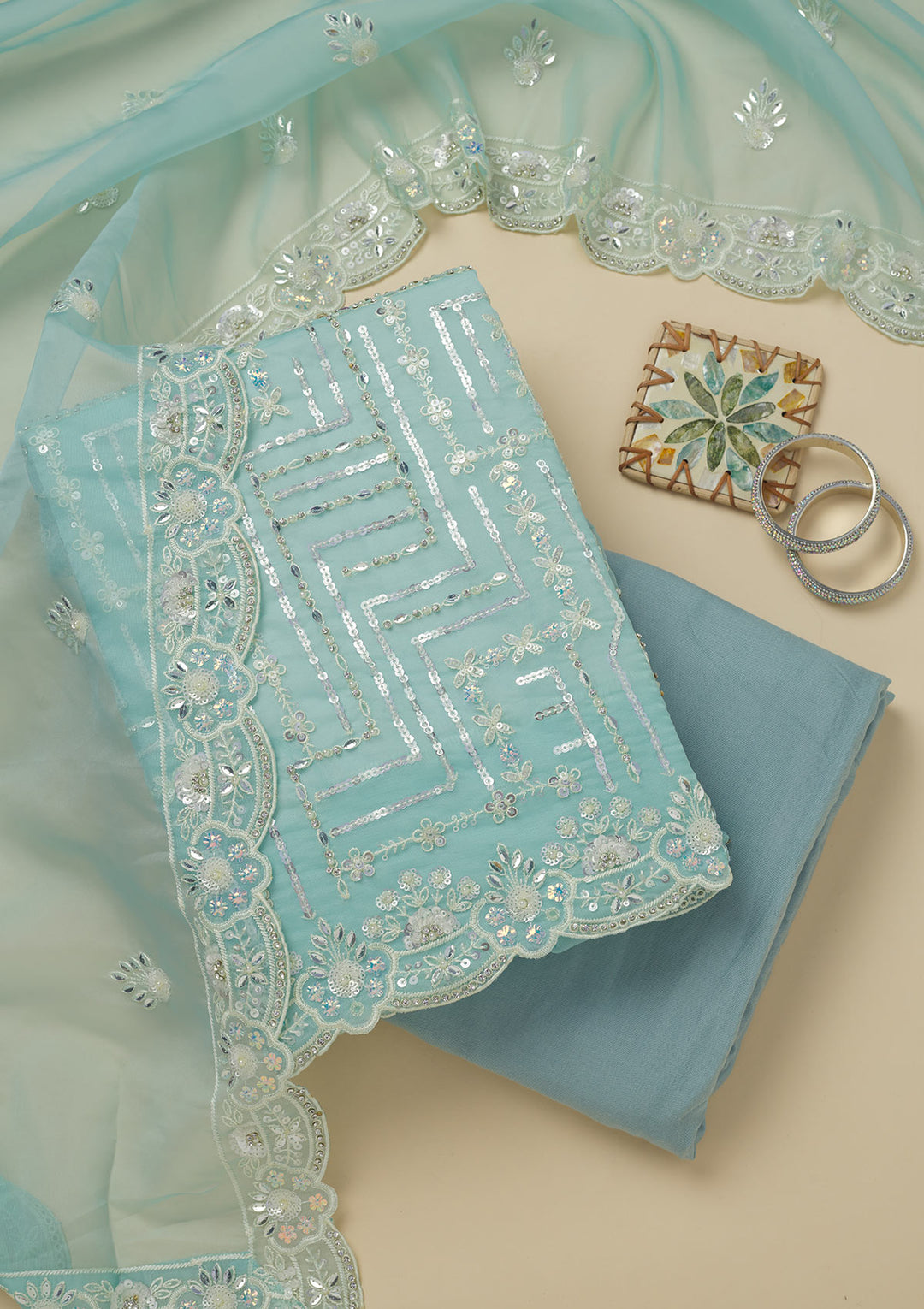 Sky Blue Sequins Organza Unstitched Salwar Suit
