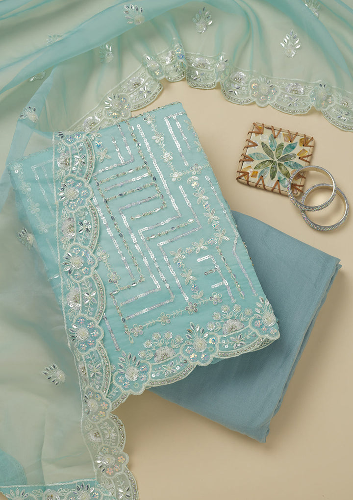 Sky Blue Sequins Organza Unstitched Salwar Suit