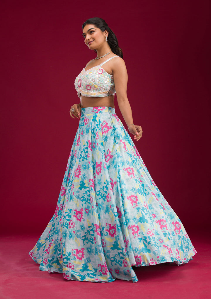 Sky Blue Sequins Semi Crepe Readymade Lehenga