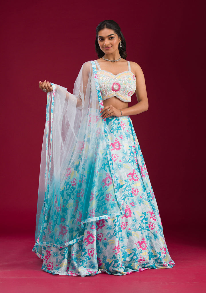 Sky Blue Sequins Semi Crepe Readymade Lehenga