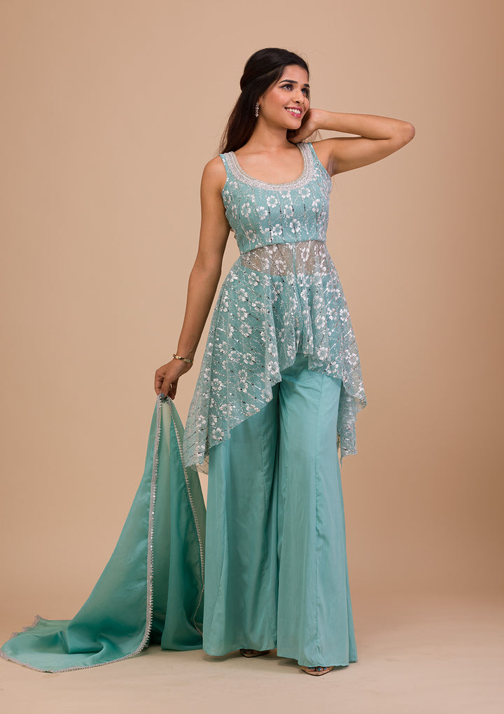 Sky Blue Sequins Shimmer Readymade Salwar Suit-Koskii