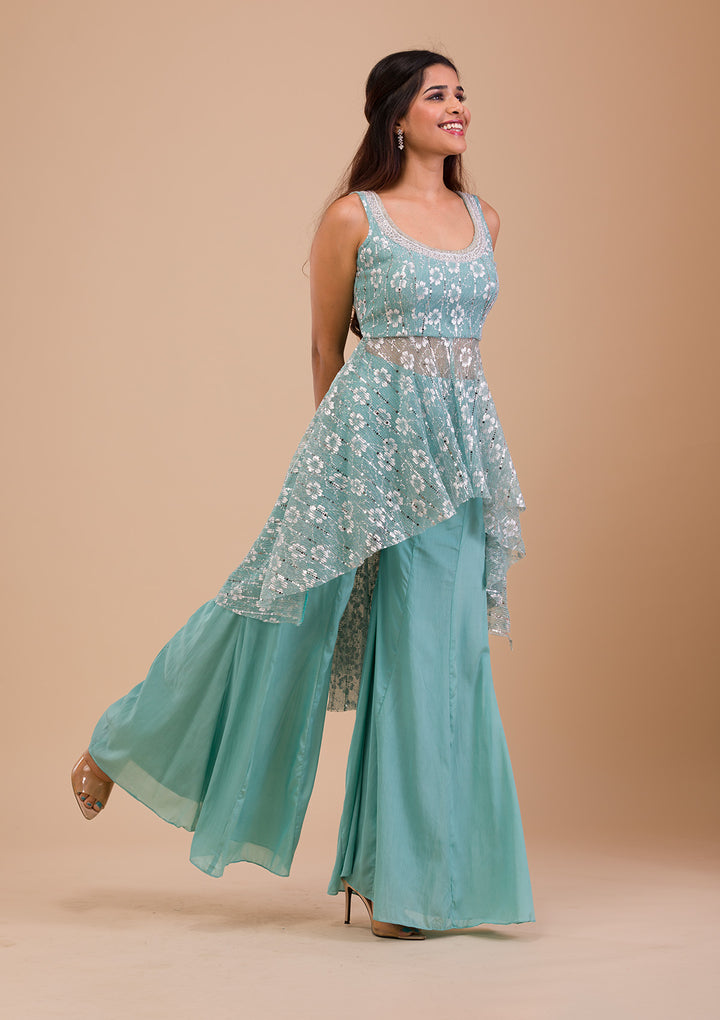 Sky Blue Sequins Shimmer Readymade Salwar Suit-Koskii