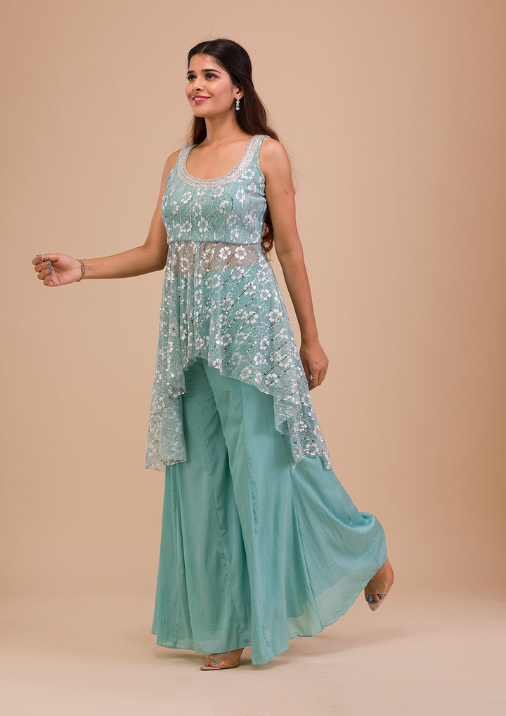 Sky Blue Sequins Shimmer Readymade Salwar Suit-Koskii