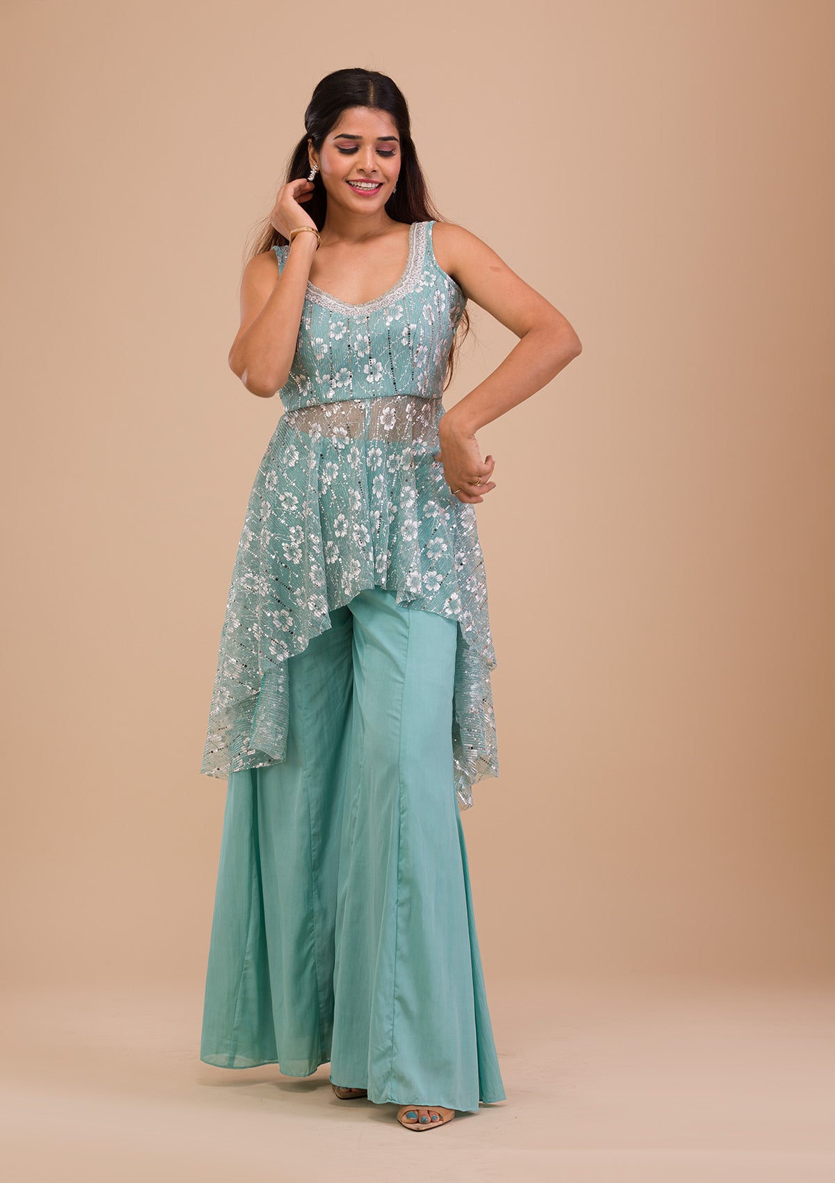 Sky Blue Sequins Shimmer Readymade Salwar Suit-Koskii