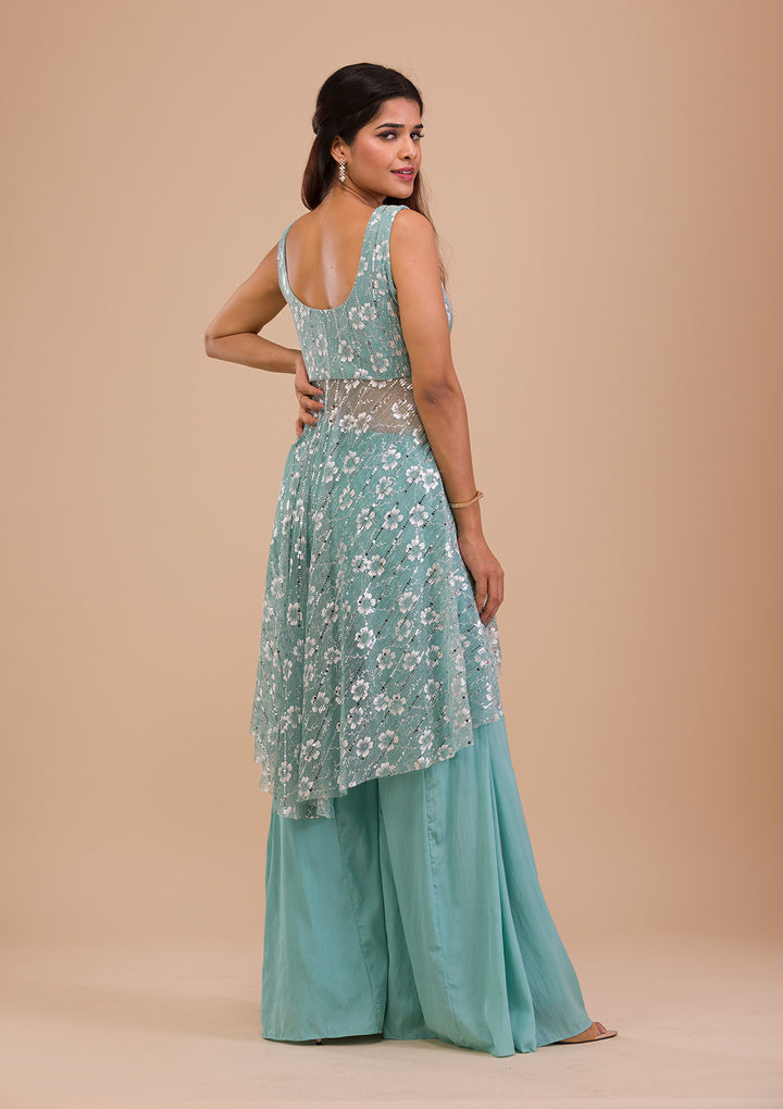Sky Blue Sequins Shimmer Readymade Salwar Suit-Koskii