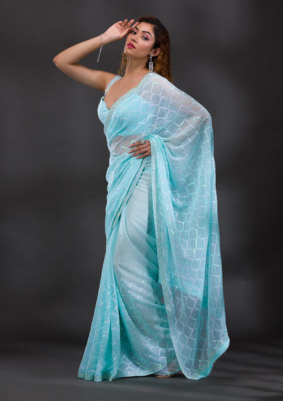 Sky Blue Sequins Shimmer Georgette Saree-Koskii