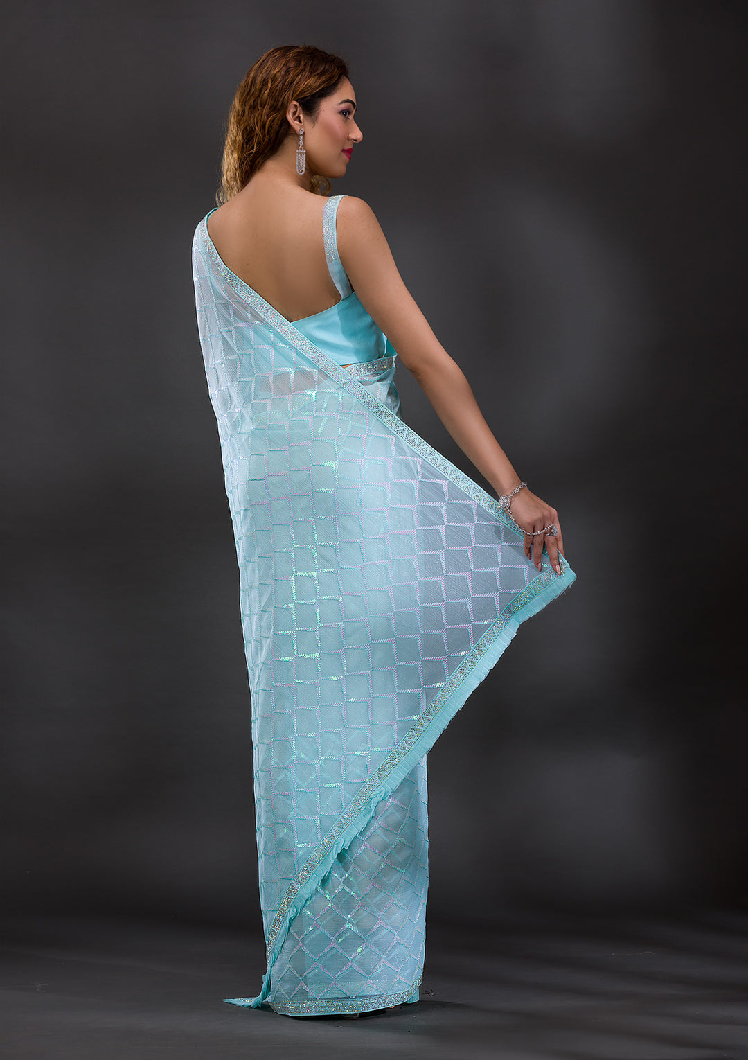 Sky Blue Sequins Shimmer Georgette Saree