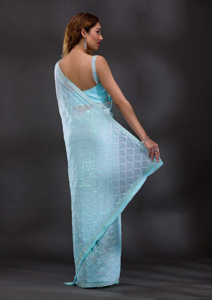 Sky Blue Sequins Shimmer Georgette Saree