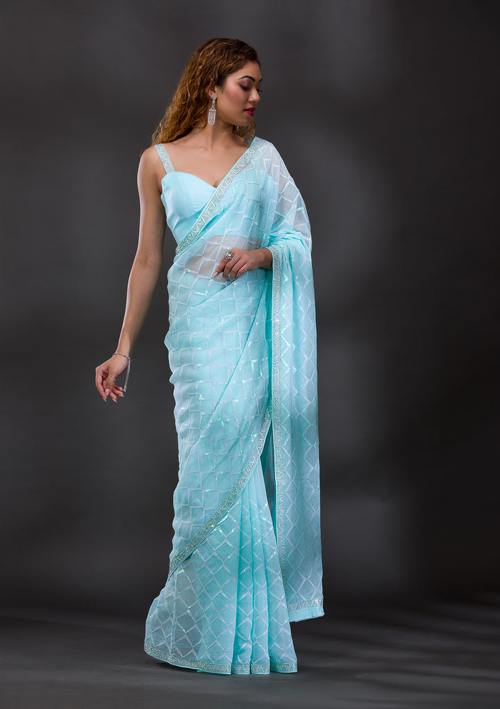 Sky Blue Sequins Shimmer Georgette Saree