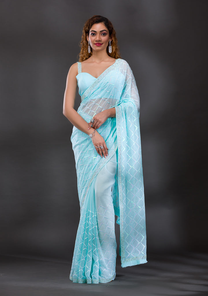 Sky Blue Sequins Shimmer Georgette Saree