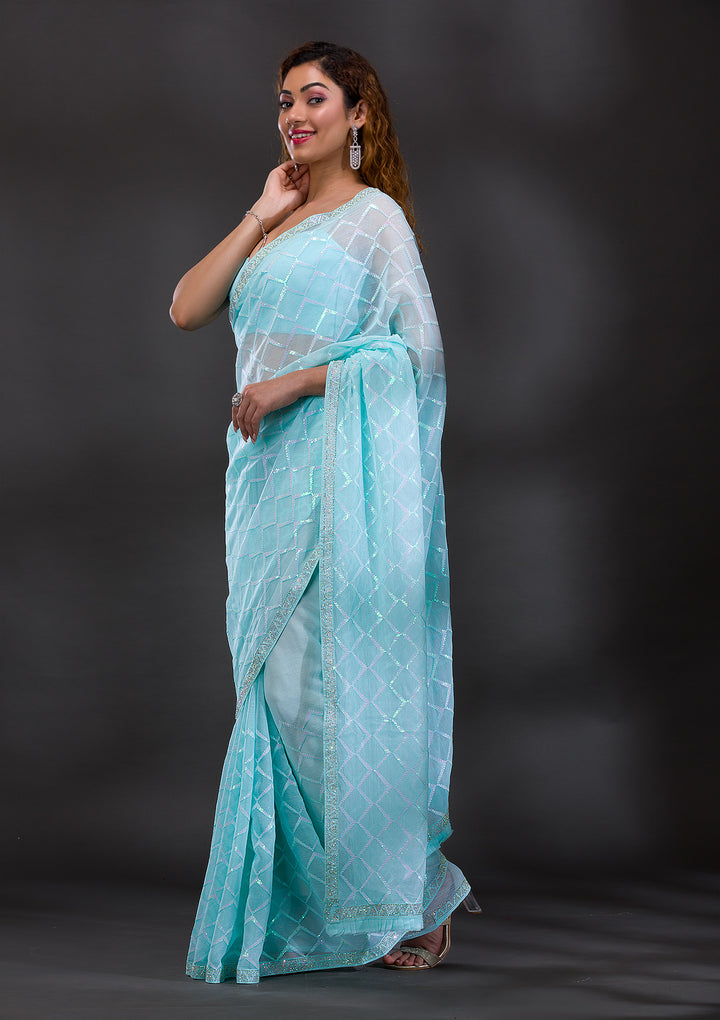Sky Blue Sequins Shimmer Georgette Saree
